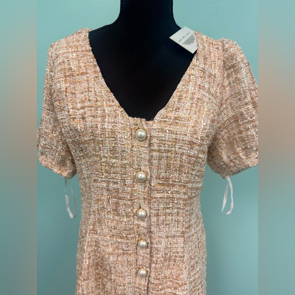Foxiedox Puff-Sleeve Tweed Sheath Dress Blush L & XL - Picture 3 of 8